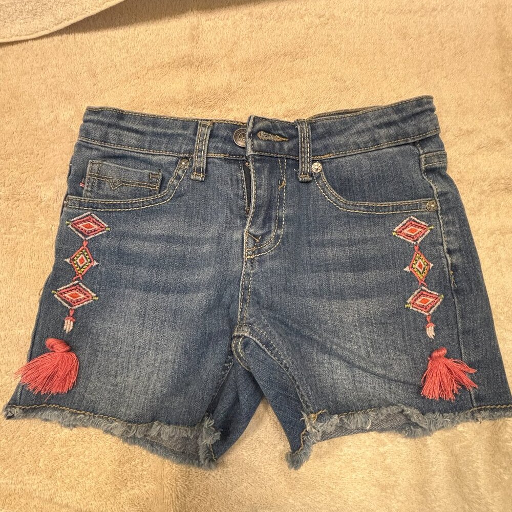 Vigoss kids denim shorts w/ embroidered detail. Sz 8. Pockets, adjustable waist.